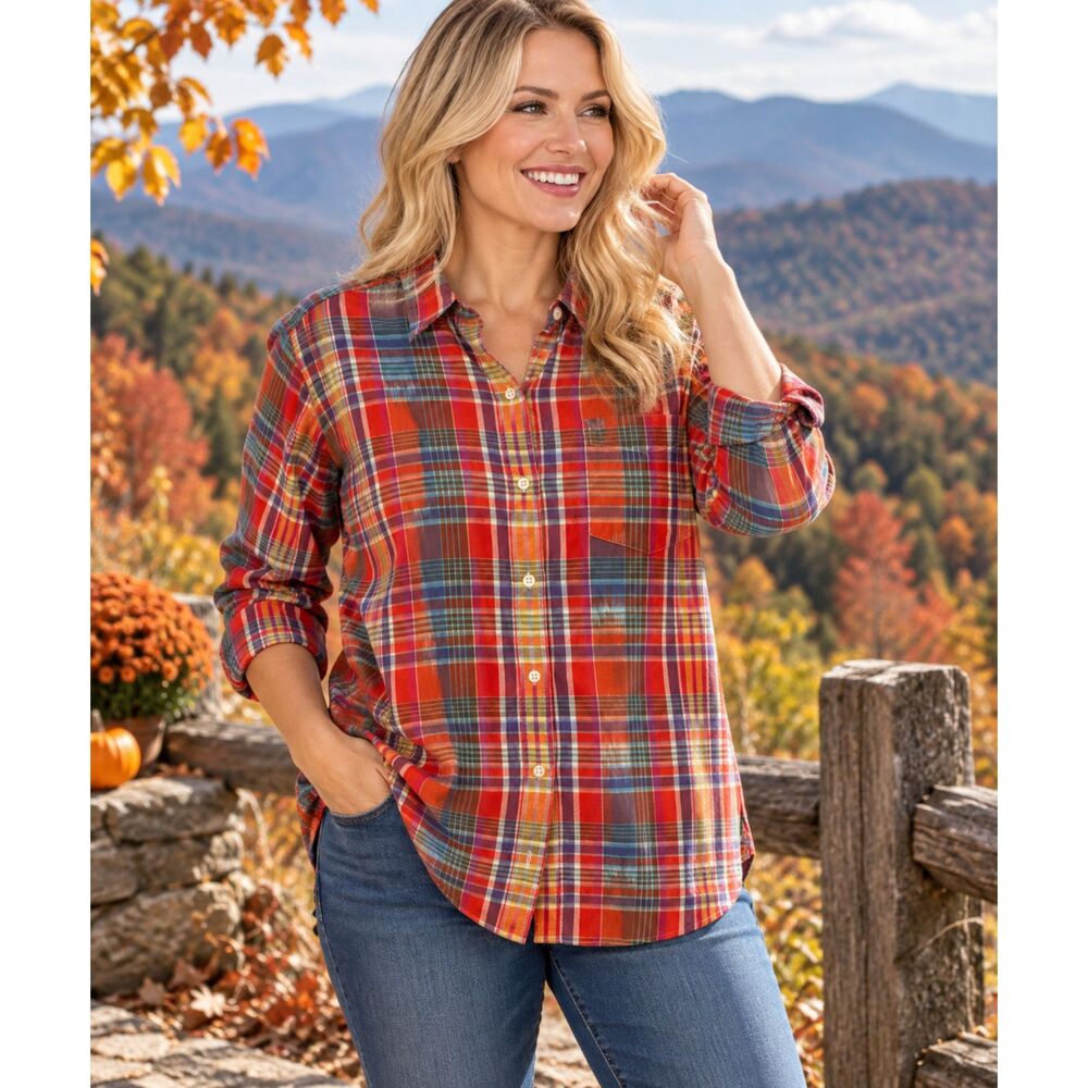 LRL Ralph Lauren XL Plaid Button Down Shirt Orange Multicolor Cotton Blouse #22